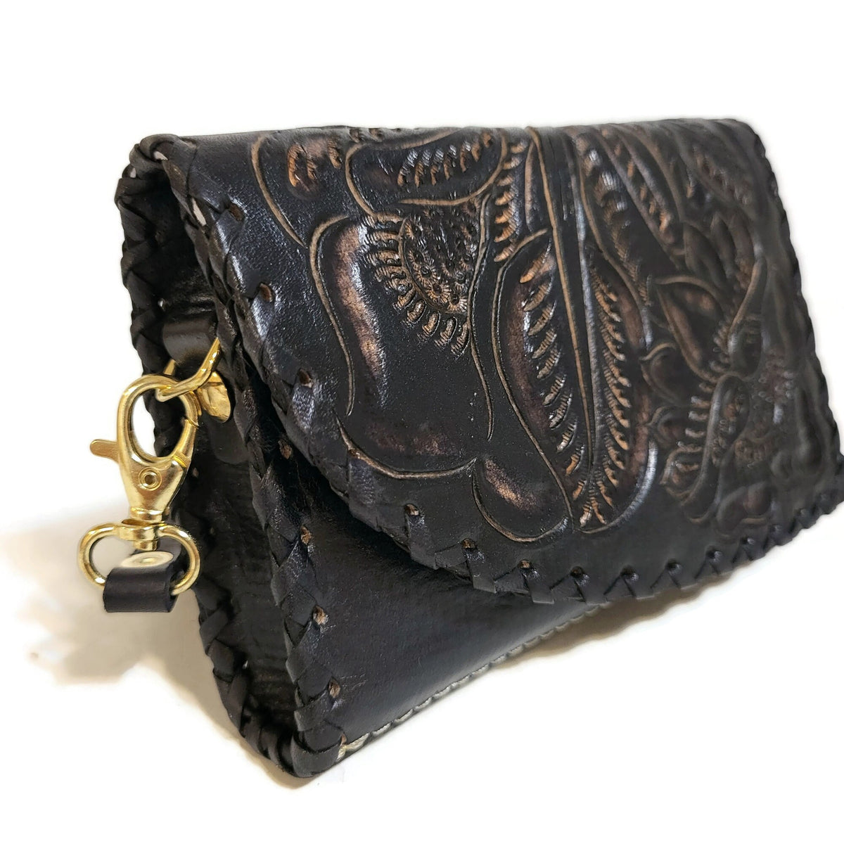 Small Black Leather Bag for Women, Rustic Hand tooled Purse Boho Western
