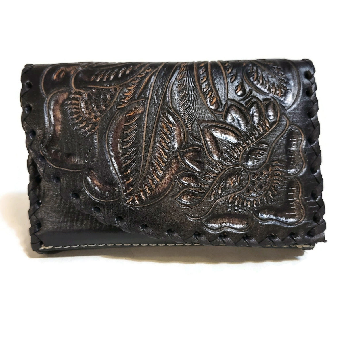 Small Black Leather Bag for Women, Rustic Hand tooled Purse Boho Western