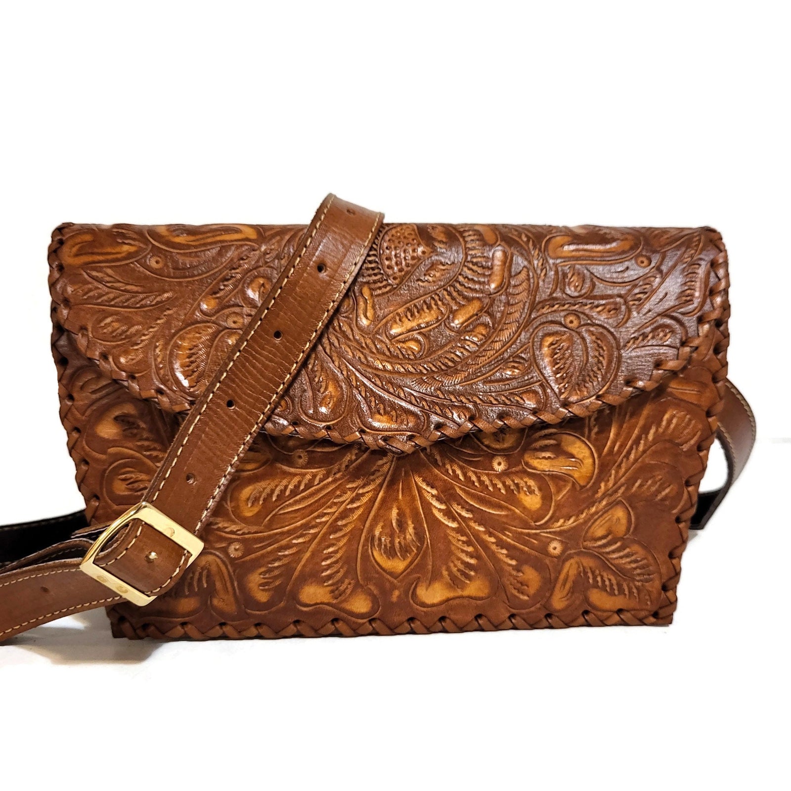 Hand Tooled Leather Shoulder Bag: Vintage Cowgirl Bohemian Purse