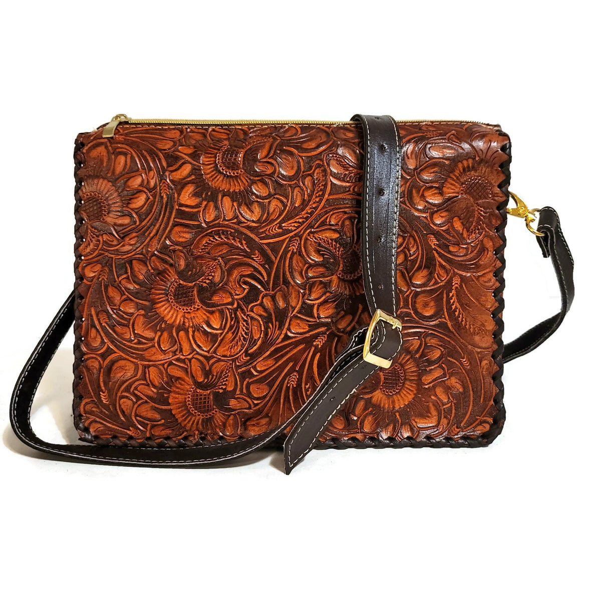 Hand Tooled Leather Shoulder Bag: Floral Carved Veg-Tan, Adjustable Strap