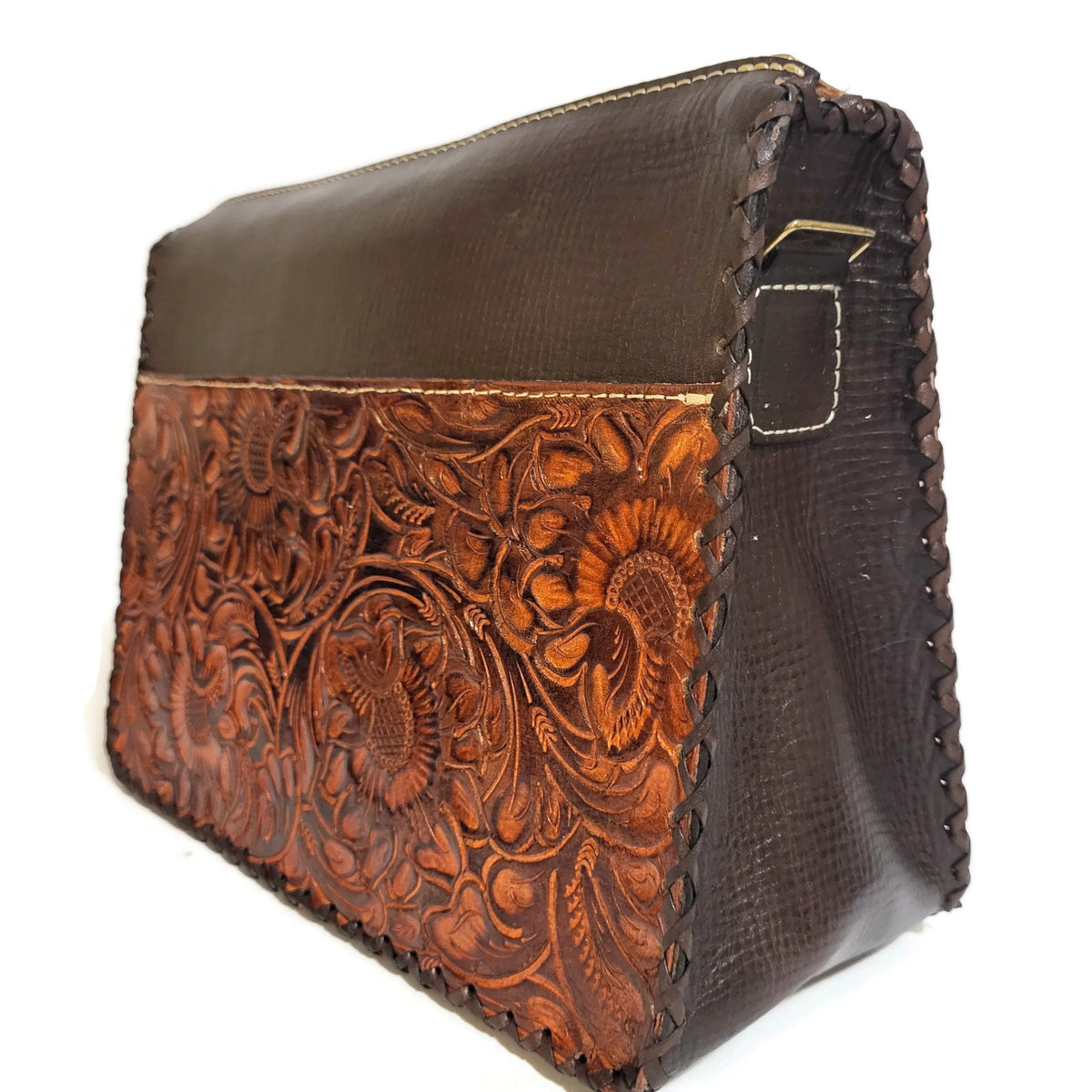 Hand Tooled Leather Shoulder Bag: Floral Carved Veg-Tan, Adjustable Strap