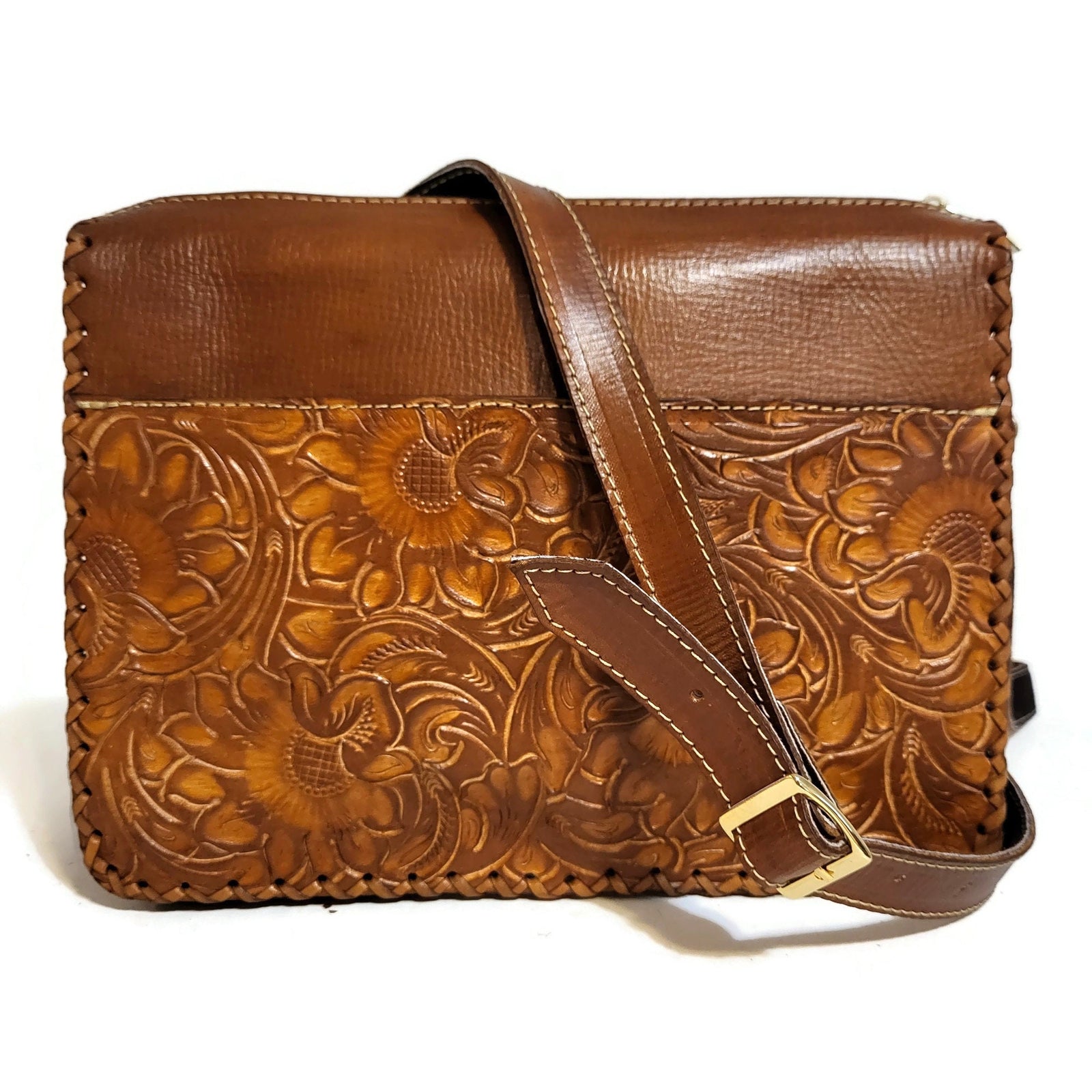 Hand Tooled Leather Shoulder Bag: Floral Carved Brown Purse