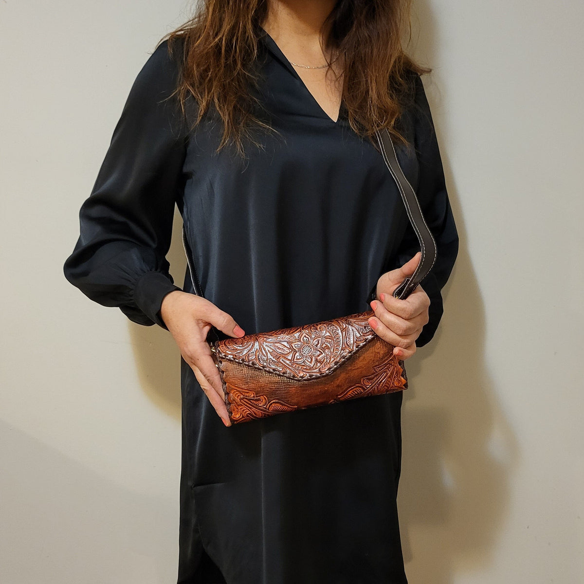 Small hand tooled leather Bag for Women Rodeo Boho  Western Adjustable Strap