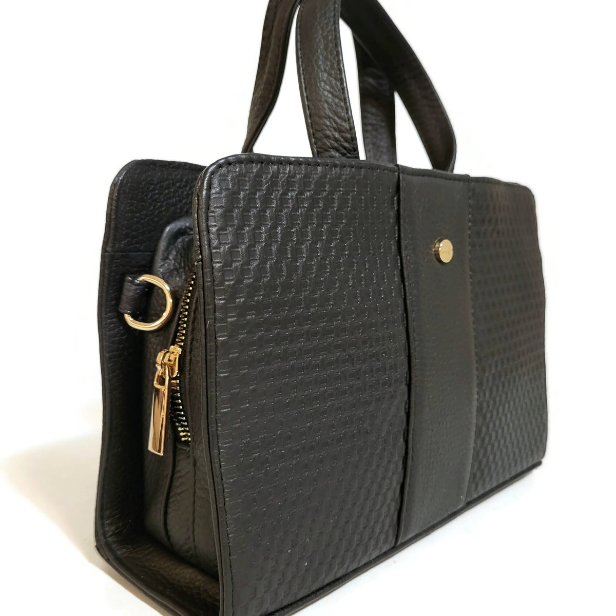 Handmade Black Leather Shoulder Bag: Minimalist Zipper Handbag