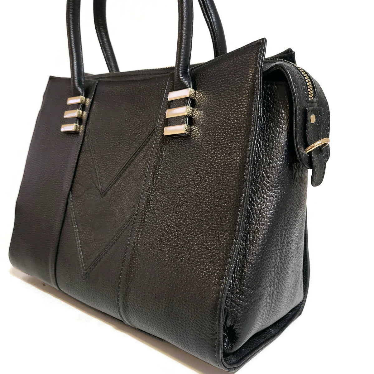 Handmade Black Leather Shoulder Bag: Zippered Work Tote, 3 Compartments