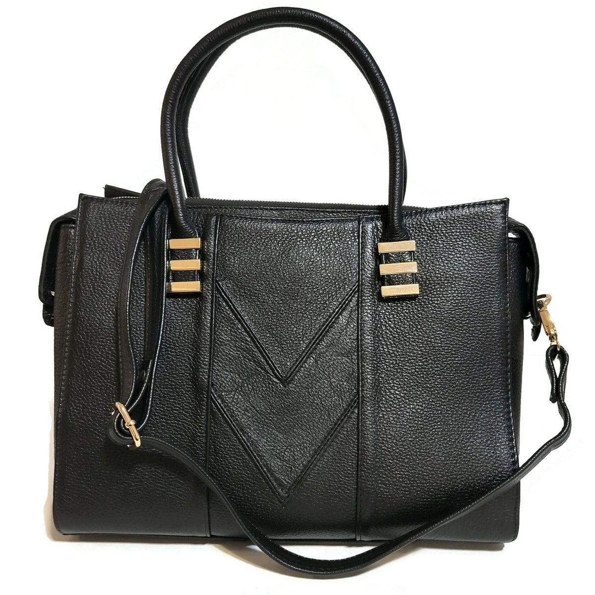 Handmade Black Leather Shoulder Bag: Zippered Work Tote, 3 Compartments