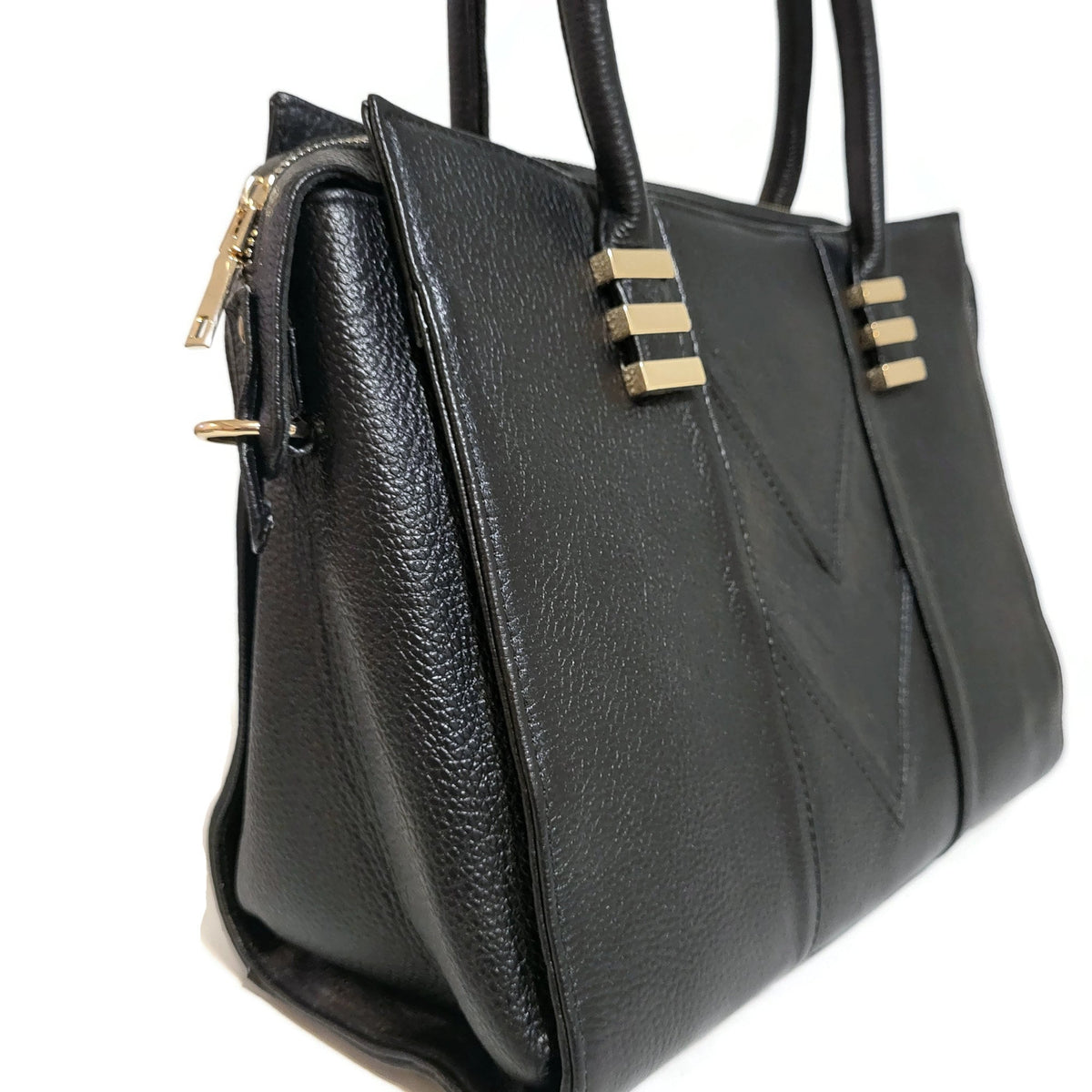 Handmade Black Leather Shoulder Bag: Zippered Work Tote, 3 Compartments