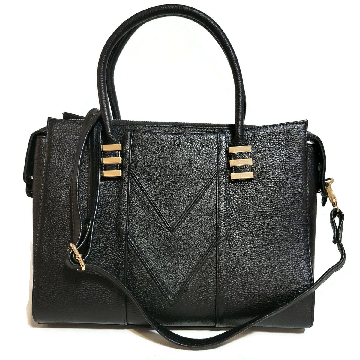 Handmade Black Leather Shoulder Bag: Zippered Work Tote, 3 Compartments