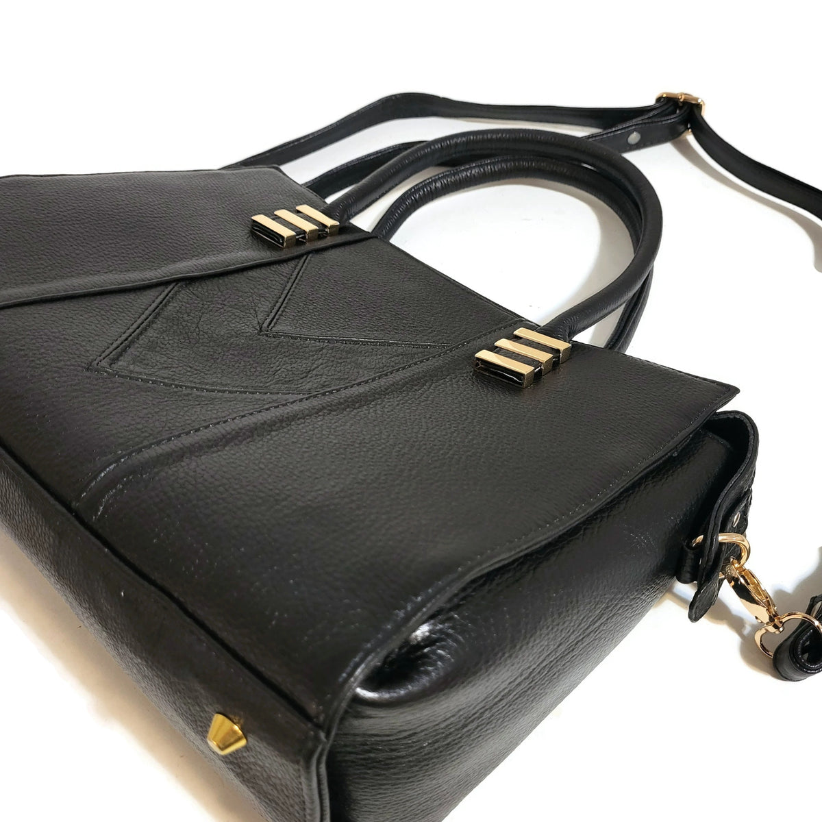 Handmade Black Leather Shoulder Bag: Zippered Work Tote, 3 Compartments