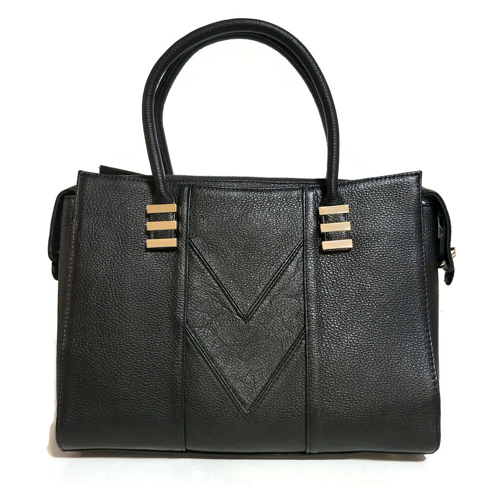 Handmade Black Leather Shoulder Bag: Zippered Work Tote, 3 Compartments