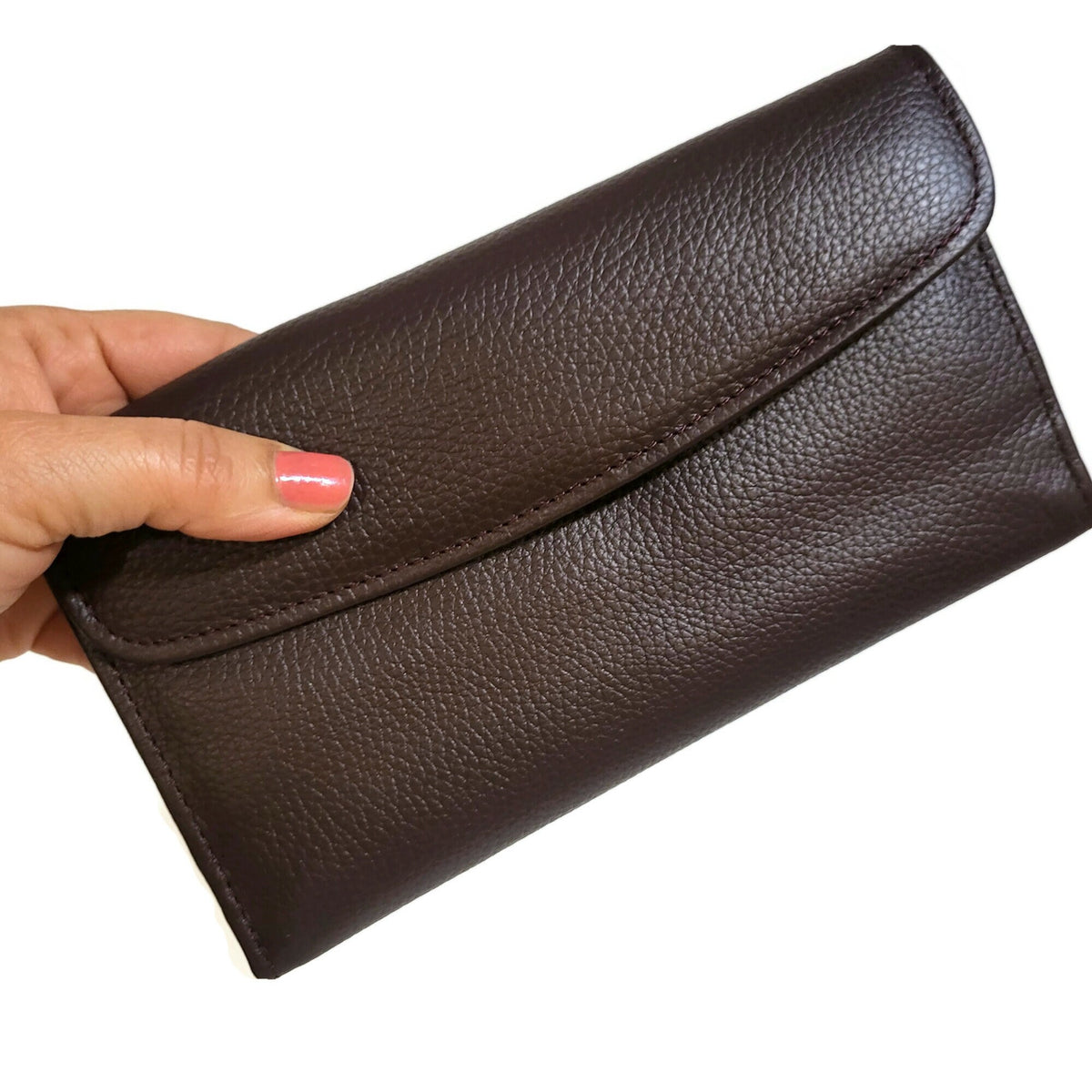 Brown Cowhide Leather Wallet for Women Zippered Card Holder Minimalist Design
