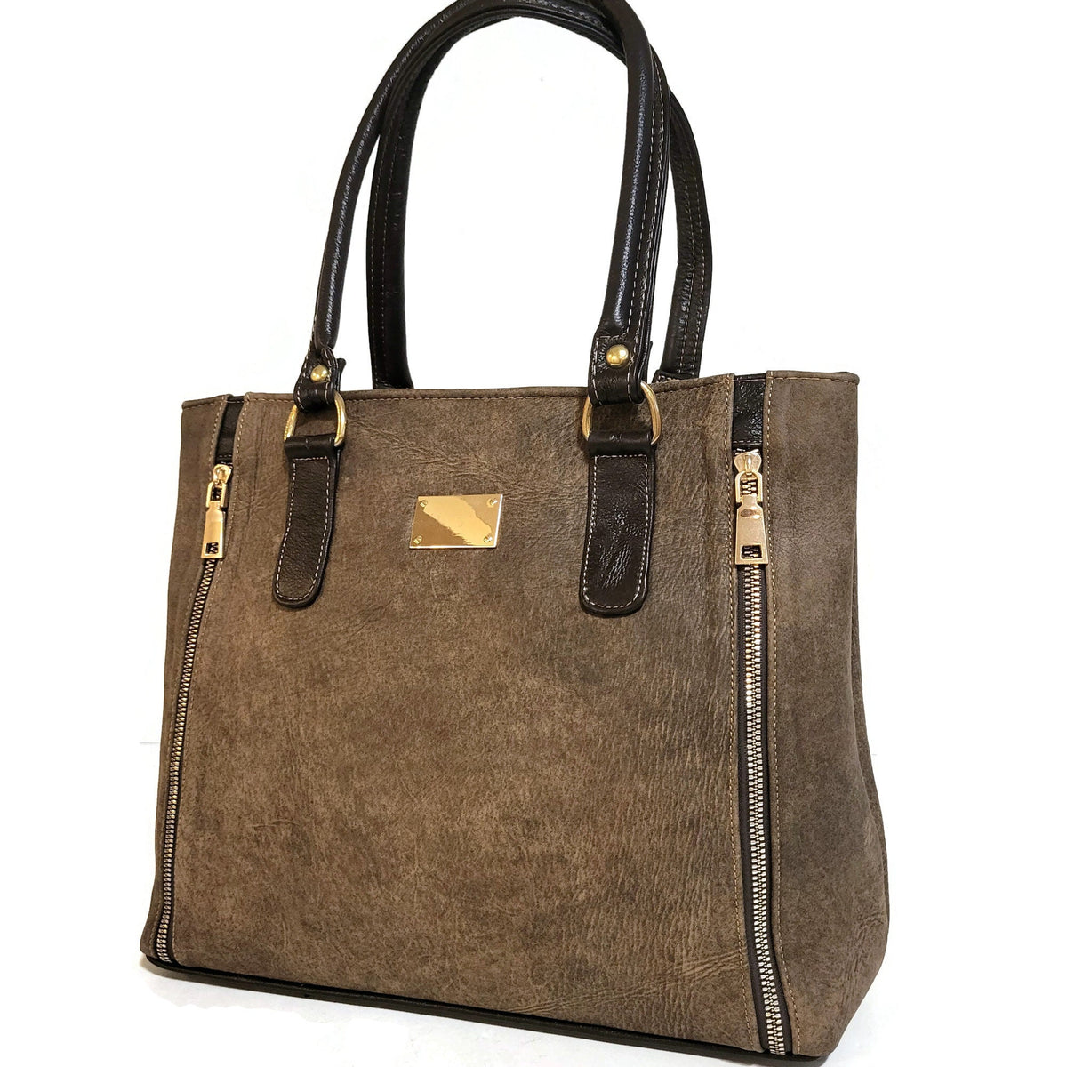 Handmade Brown Leather Tote Bag: Zippered Shoulder Bag