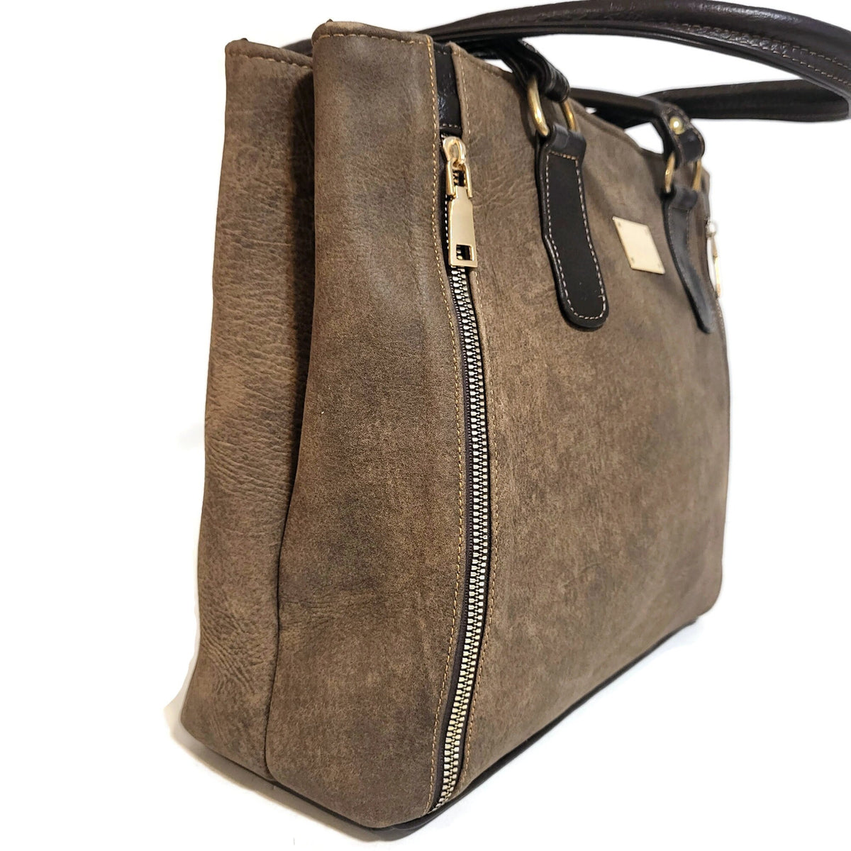 Handmade Brown Leather Tote Bag: Zippered Shoulder Bag