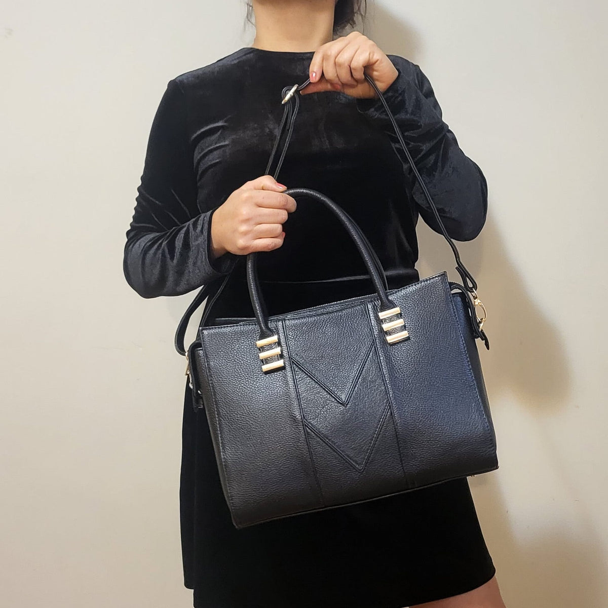 Handmade Black Leather Shoulder Bag: Zippered Work Tote, 3 Compartments