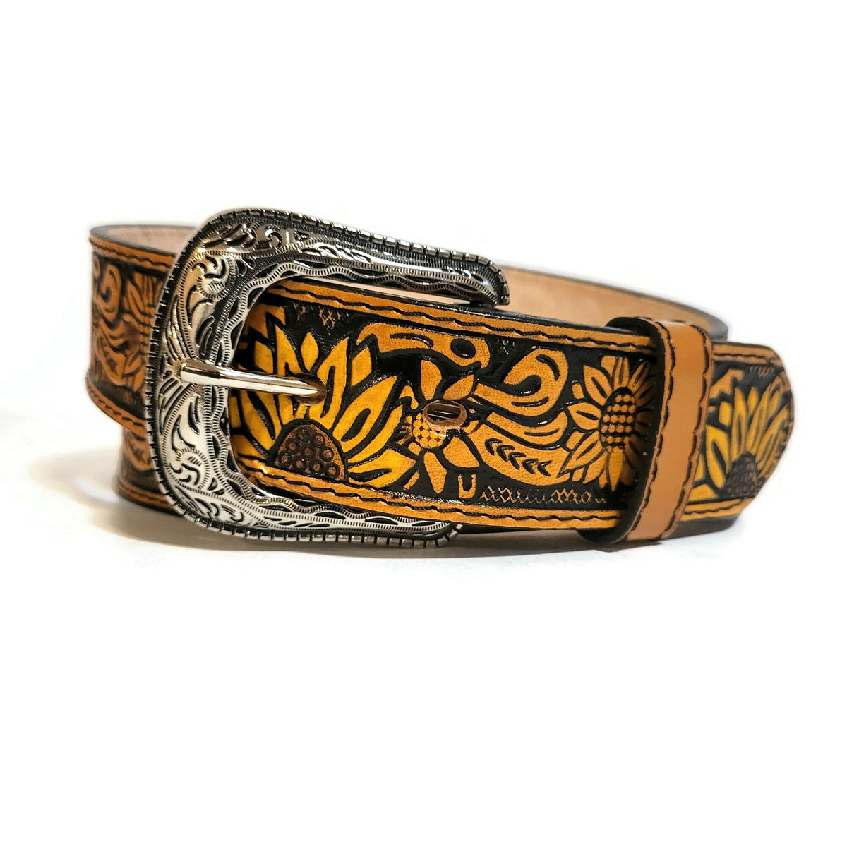 Sunflower Brown Leather Belt for Women, Boho Bohemian Western, Personalized