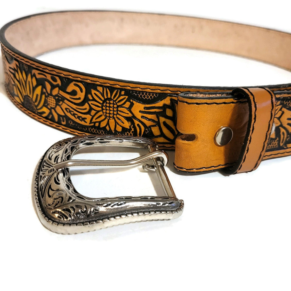 Sunflower Brown Leather Belt for Women, Boho Bohemian Western, Personalized