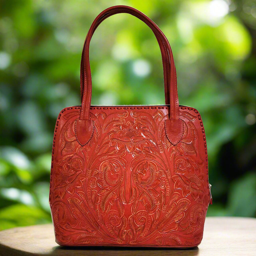 Red Tooled Leather Shoulder Bag For Women  Cowhide Purse Rodeo Cowgirl