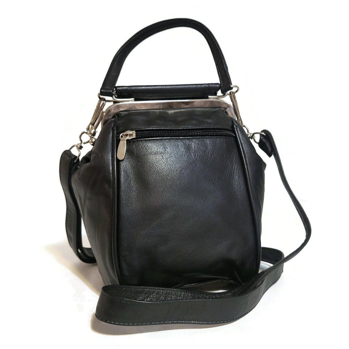 Handmade Black Leather Shoulder Bag: Ball Clasp, Adjustable Strap