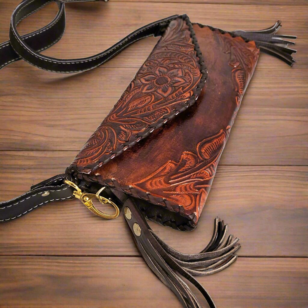 Small hand tooled leather Bag for Women Rodeo Boho  Western Adjustable Strap