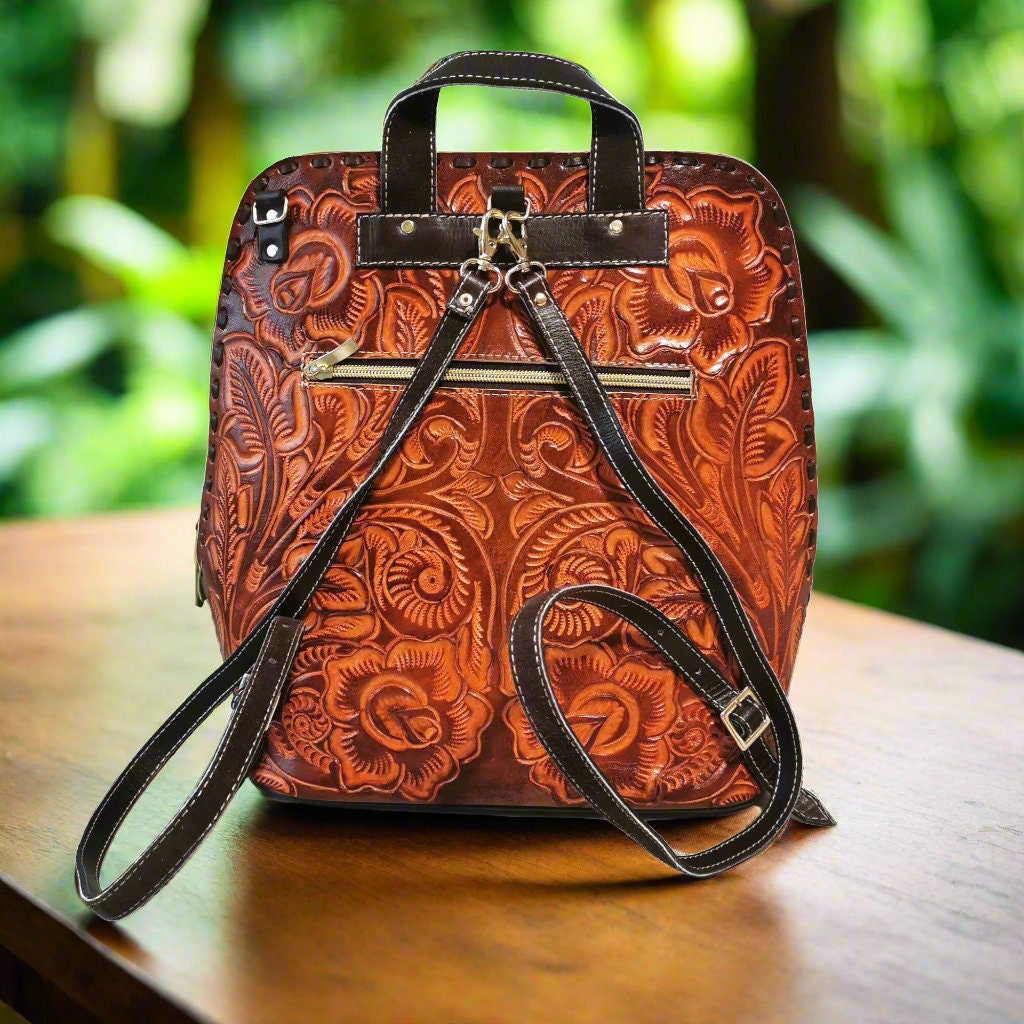 Hand tooled Leather Convertible Bag Backpack Purse: Rustic Tooled Bag