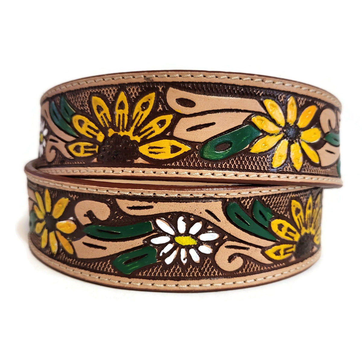 Personalized  Brown Leather Belt Women, Embossed  Sunflower Cowgirl Western