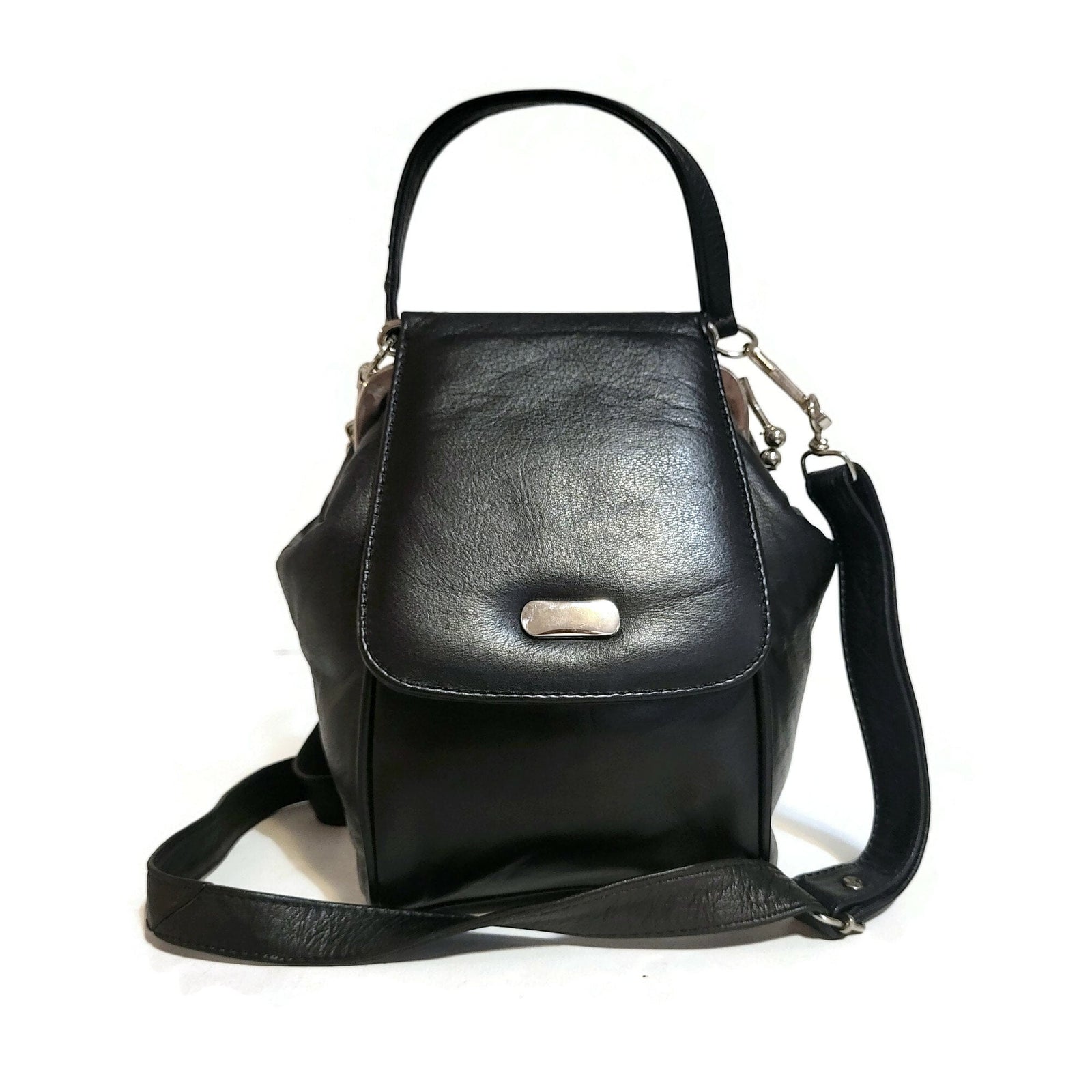 Handmade Black Leather Shoulder Bag: Ball Clasp, Adjustable Strap