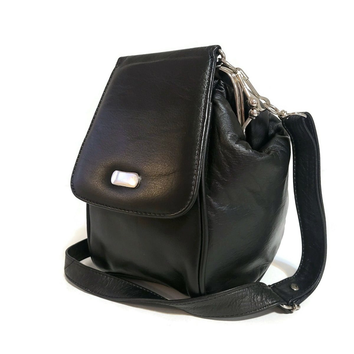 Handmade Black Leather Shoulder Bag: Ball Clasp, Adjustable Strap
