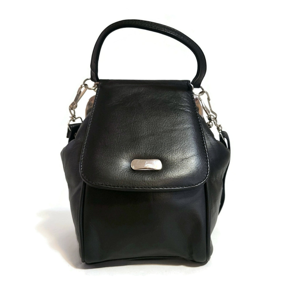 Handmade Black Leather Shoulder Bag: Ball Clasp, Adjustable Strap