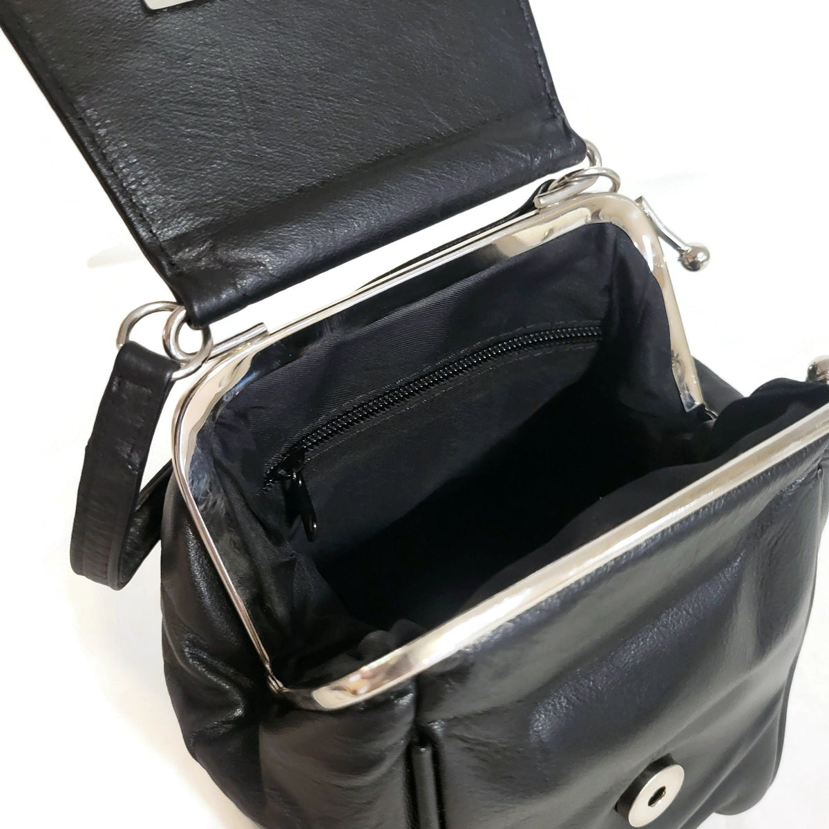 Handmade Black Leather Shoulder Bag: Ball Clasp, Adjustable Strap