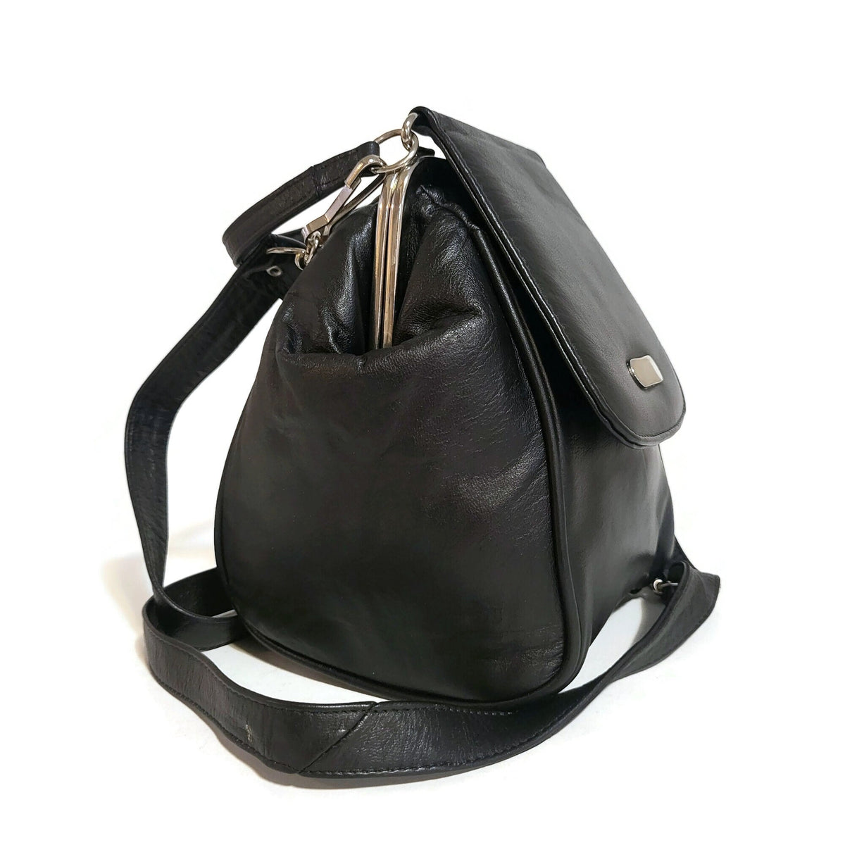 Handmade Black Leather Shoulder Bag: Ball Clasp, Adjustable Strap