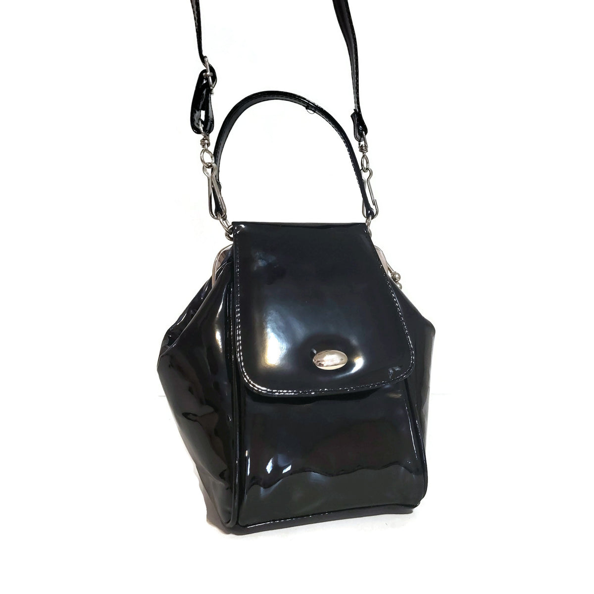 Black Patent Cowhide Leather Shoulder Bag: Handmade Women's Handbag