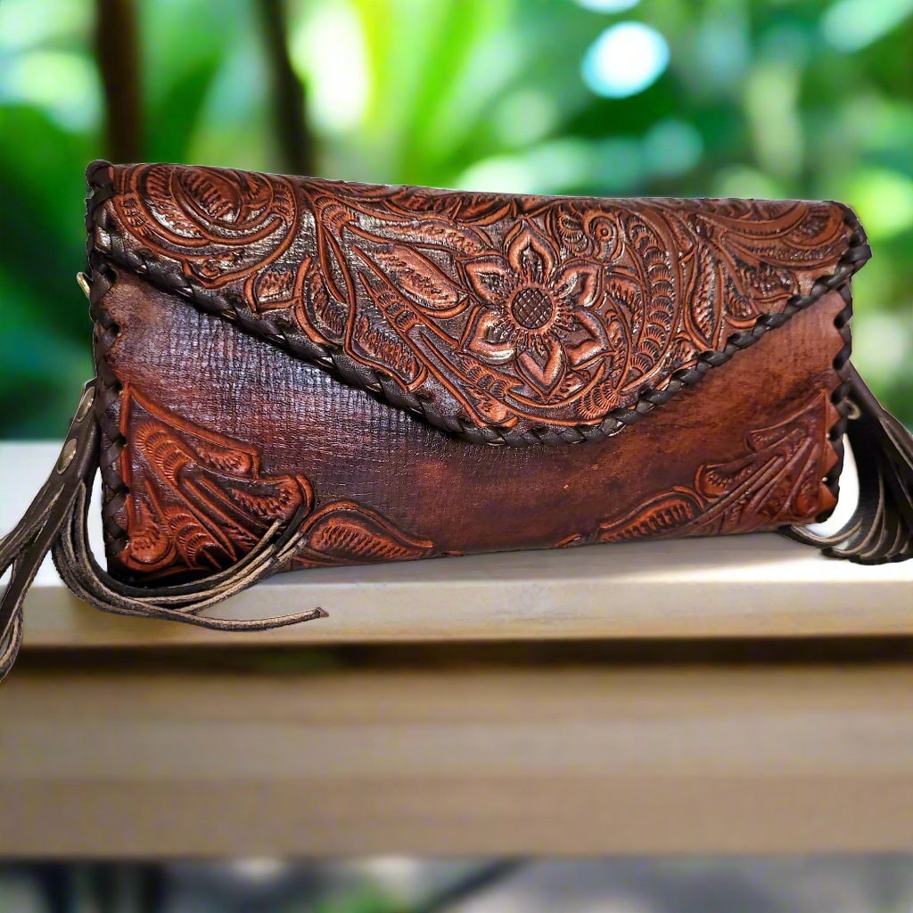 Leather Bag for Women, Boho, Bohemian, With Tassels, Hand Tooled Leather, Small Purse, Brown