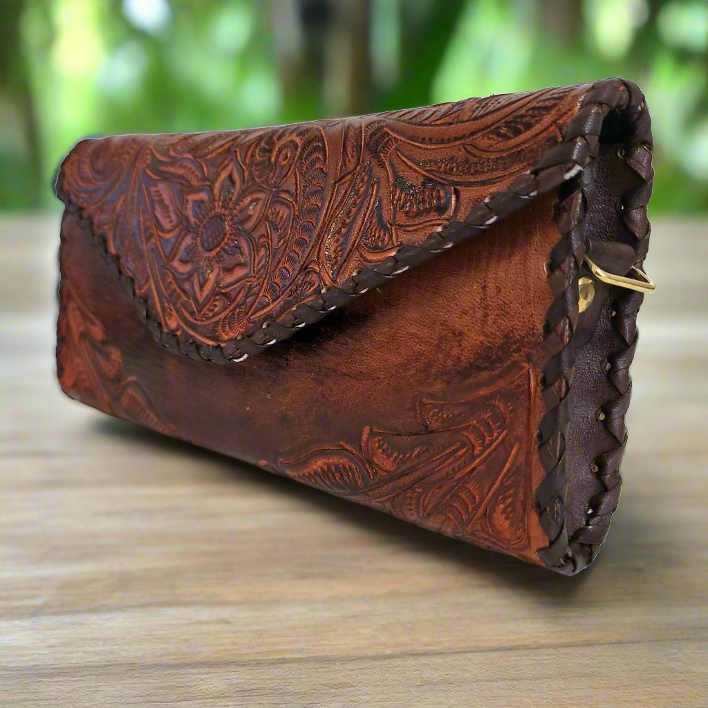 Handmade Veg-Tan Leather Sling Bag: Chiseled Detail, Adjustable Strap
