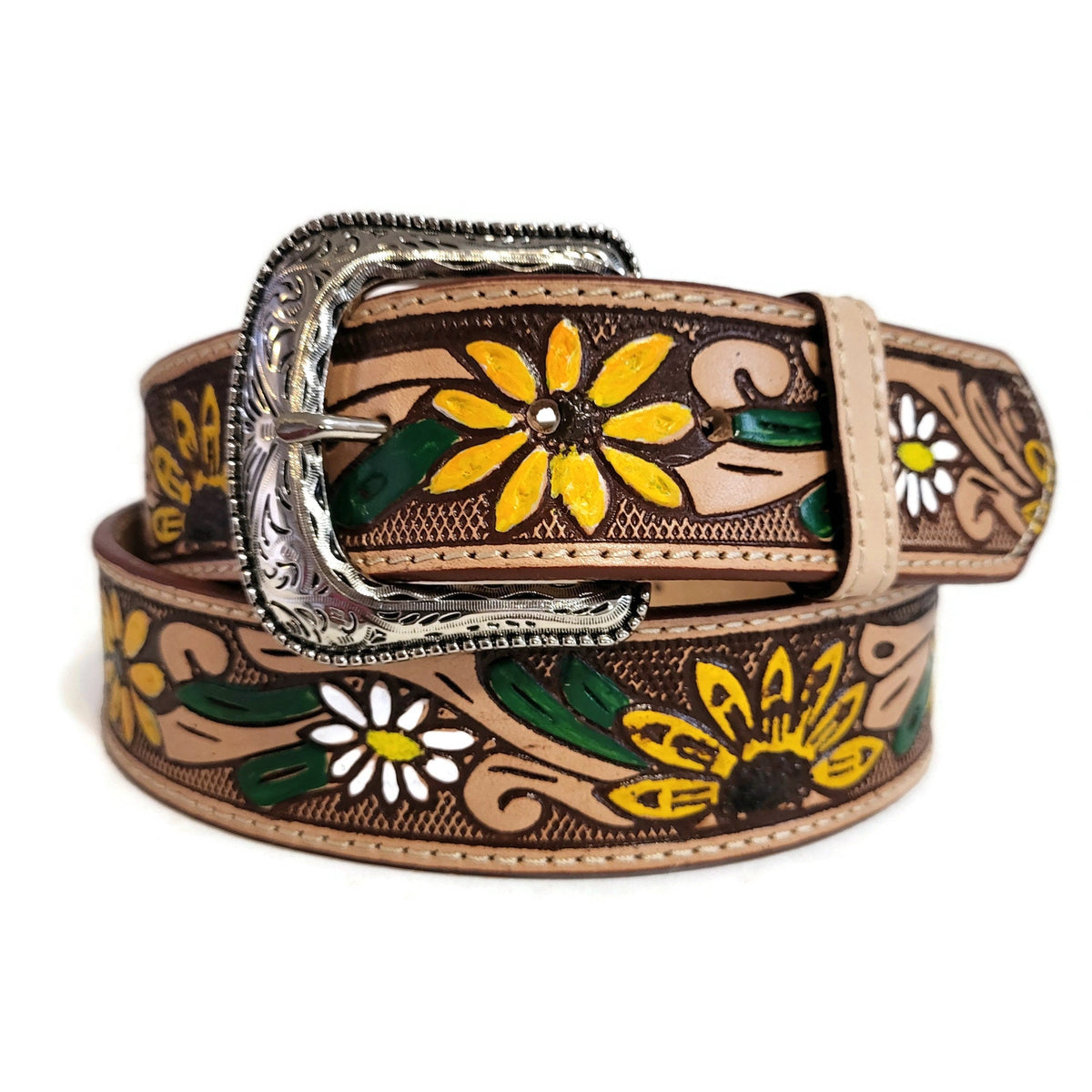 Personalized  Brown Leather Belt Women, Embossed  Sunflower Cowgirl Western
