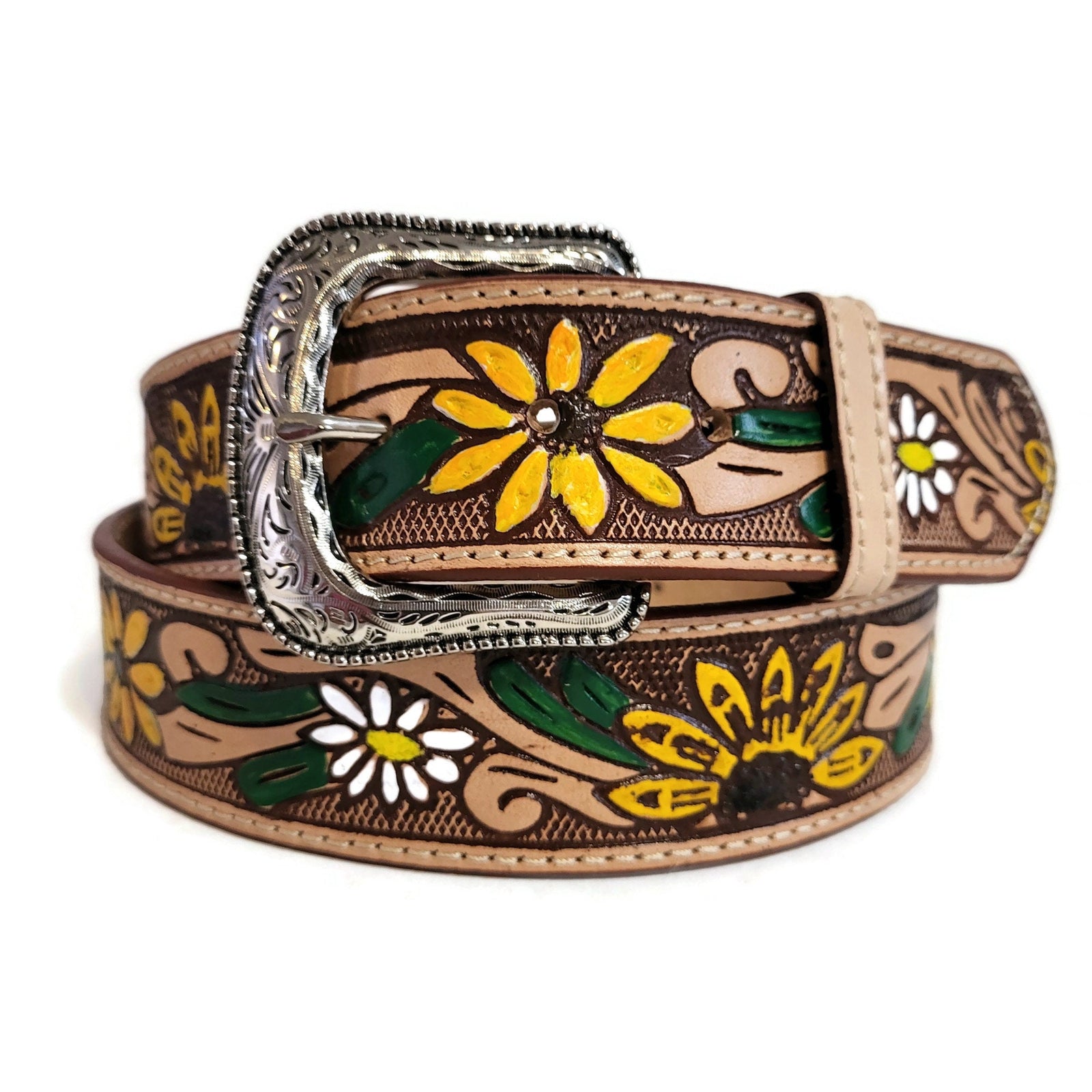Brown Leather Belt Women, Embossed  Sunflower Boho Bohemian Cowgirl Western