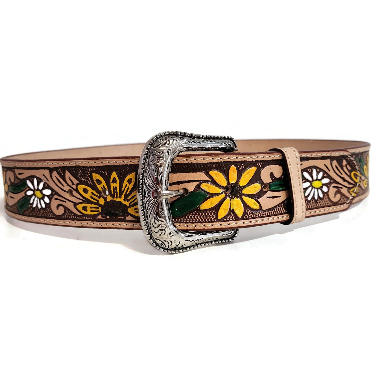 Personalized  Brown Leather Belt Women, Embossed  Sunflower Cowgirl Western