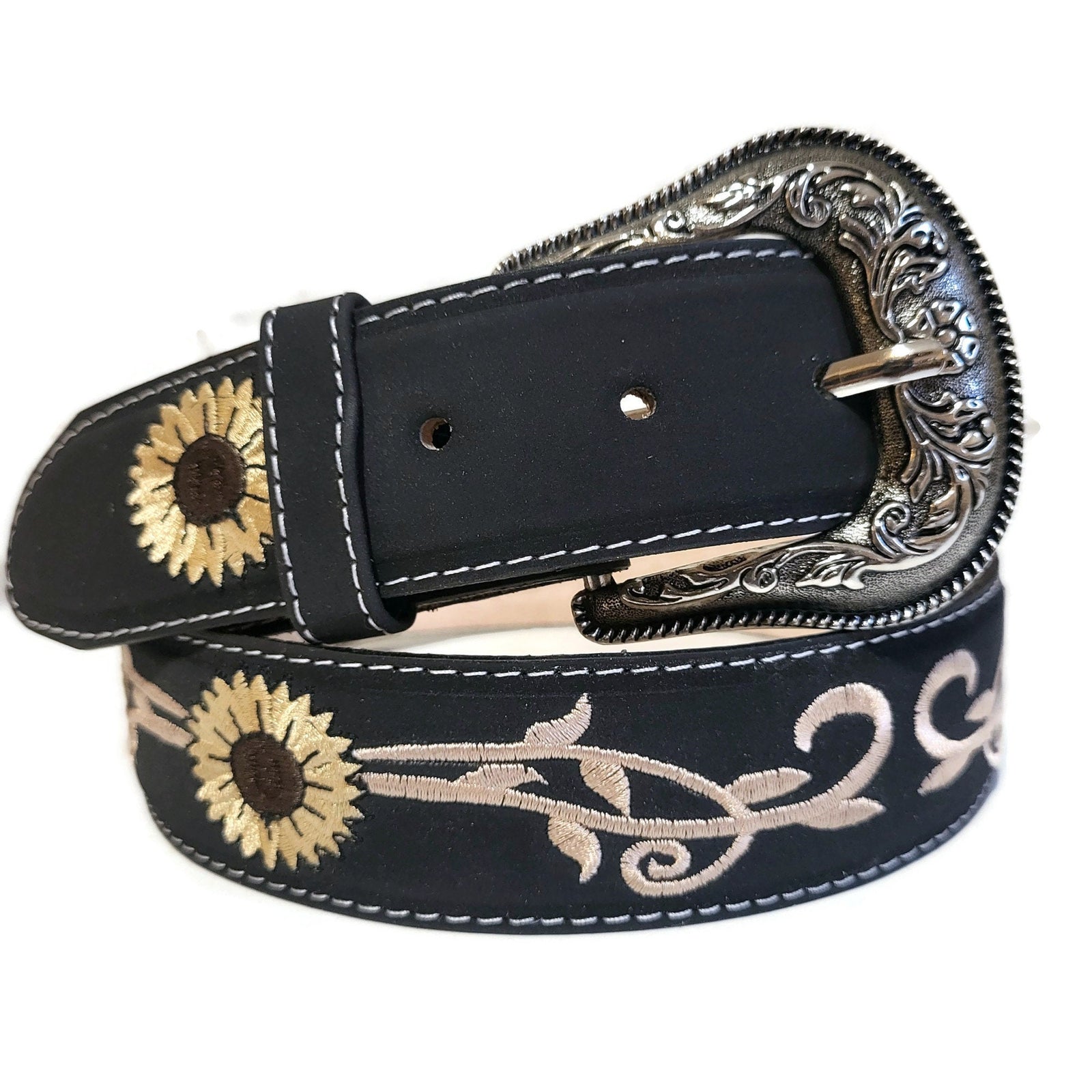 Sunflower Embroidered Belt: Boho Western Faux Leather Belt with Removable Buckle
