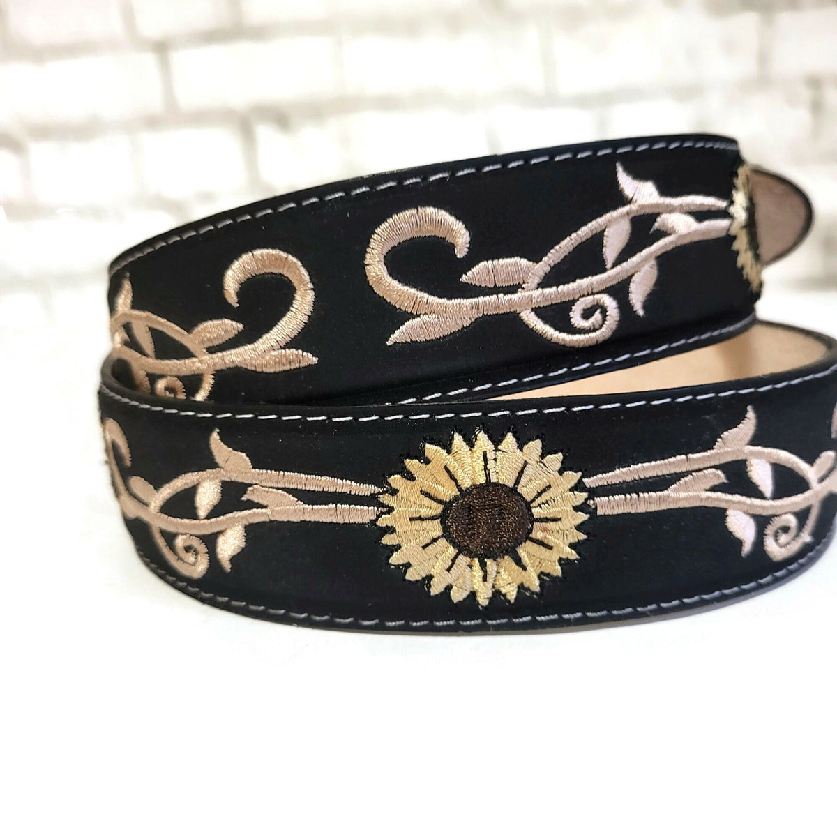 Sunflower Embroidered Belt: Boho Western Faux Leather Belt with Removable Buckle