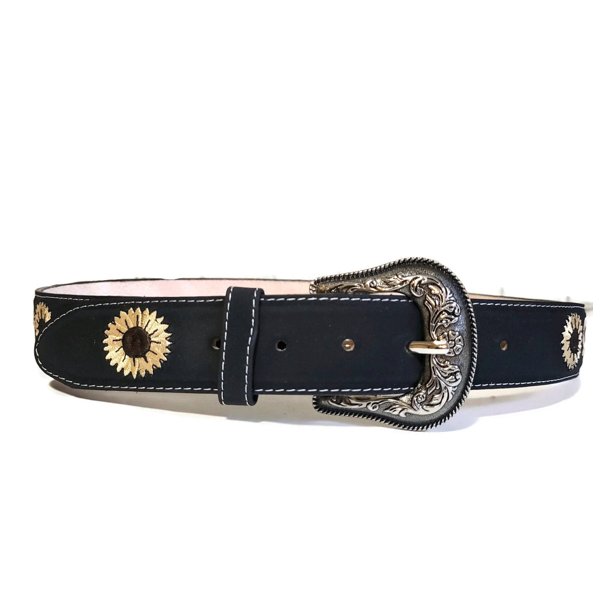 Sunflower Embroidered Belt: Boho Western Faux Leather Belt with Removable Buckle