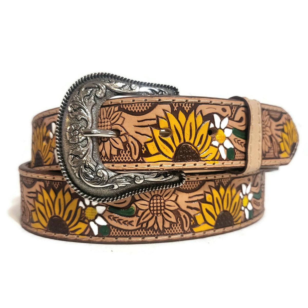 Embossed Sunflower Leather Belt for Women  Boho Bohemian Western Cowgirl Style