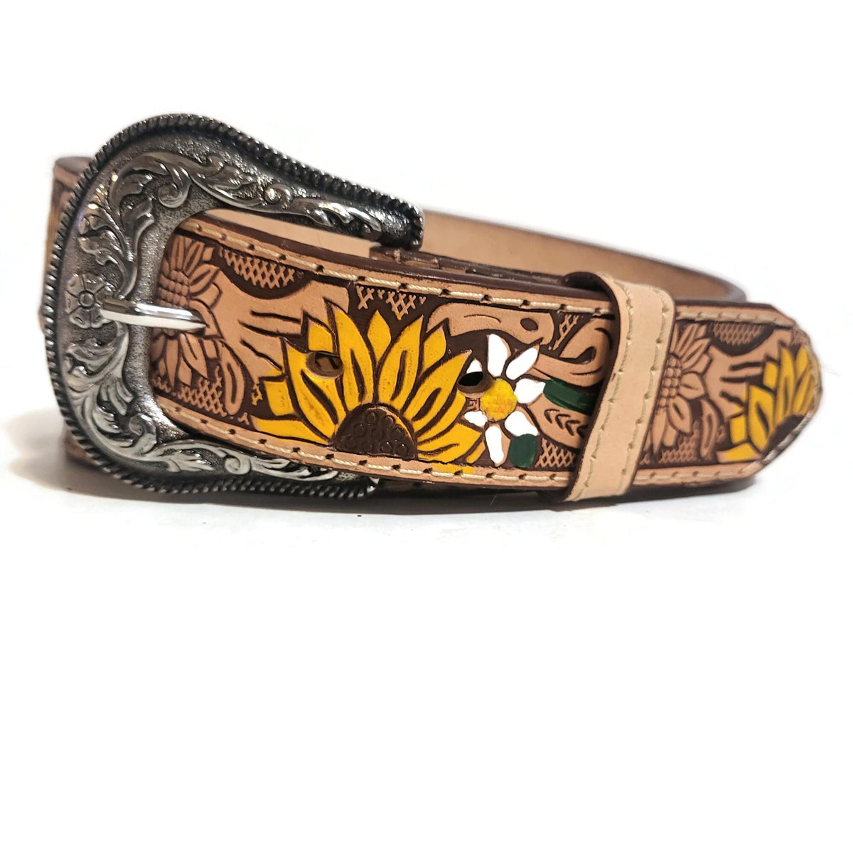 Embossed Sunflower Leather Belt for Women  Boho Bohemian Western Cowgirl Style