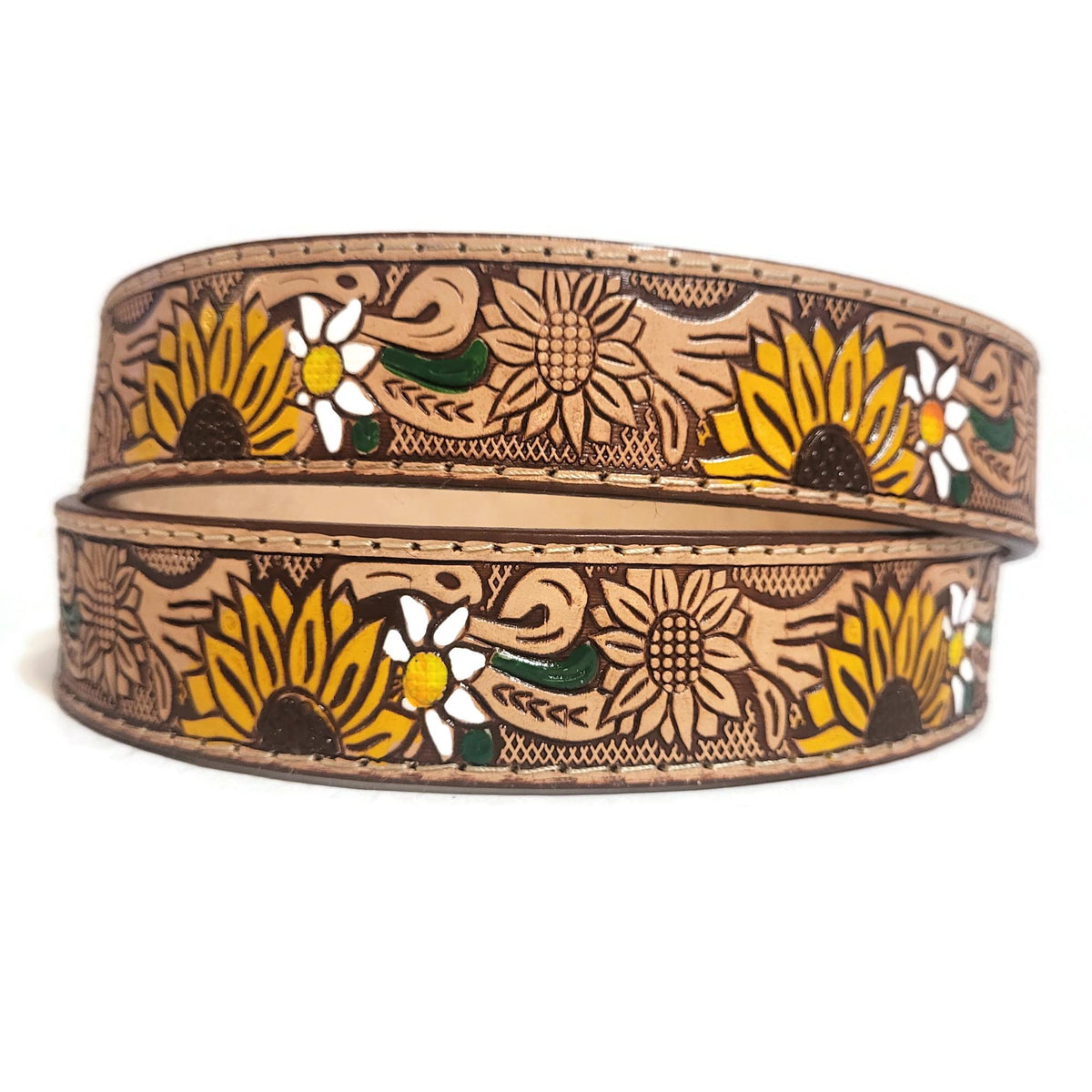 Embossed Sunflower Leather Belt for Women  Boho Bohemian Western Cowgirl Style