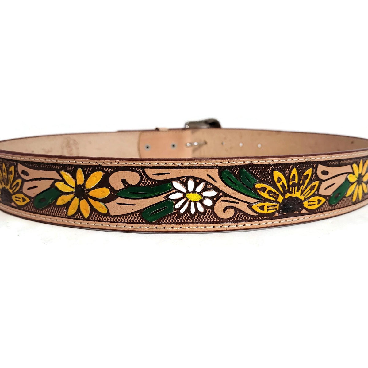Personalized  Brown Leather Belt Women, Embossed  Sunflower Cowgirl Western