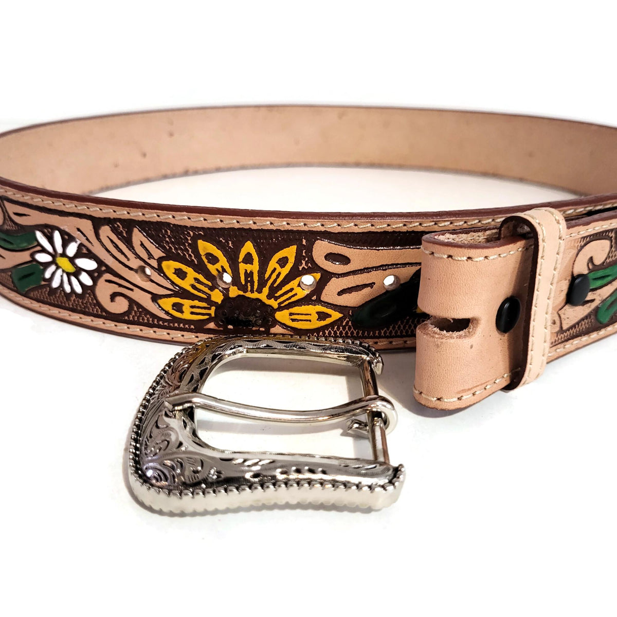 Personalized  Brown Leather Belt Women, Embossed  Sunflower Cowgirl Western