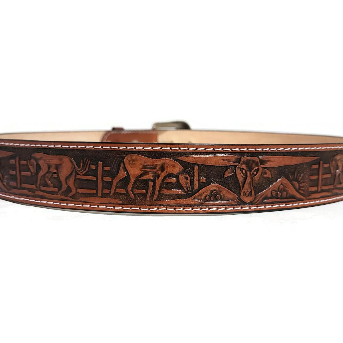 Brown Leather  Belt for  Men, Embossed Bull and Horses, Snap Buckle