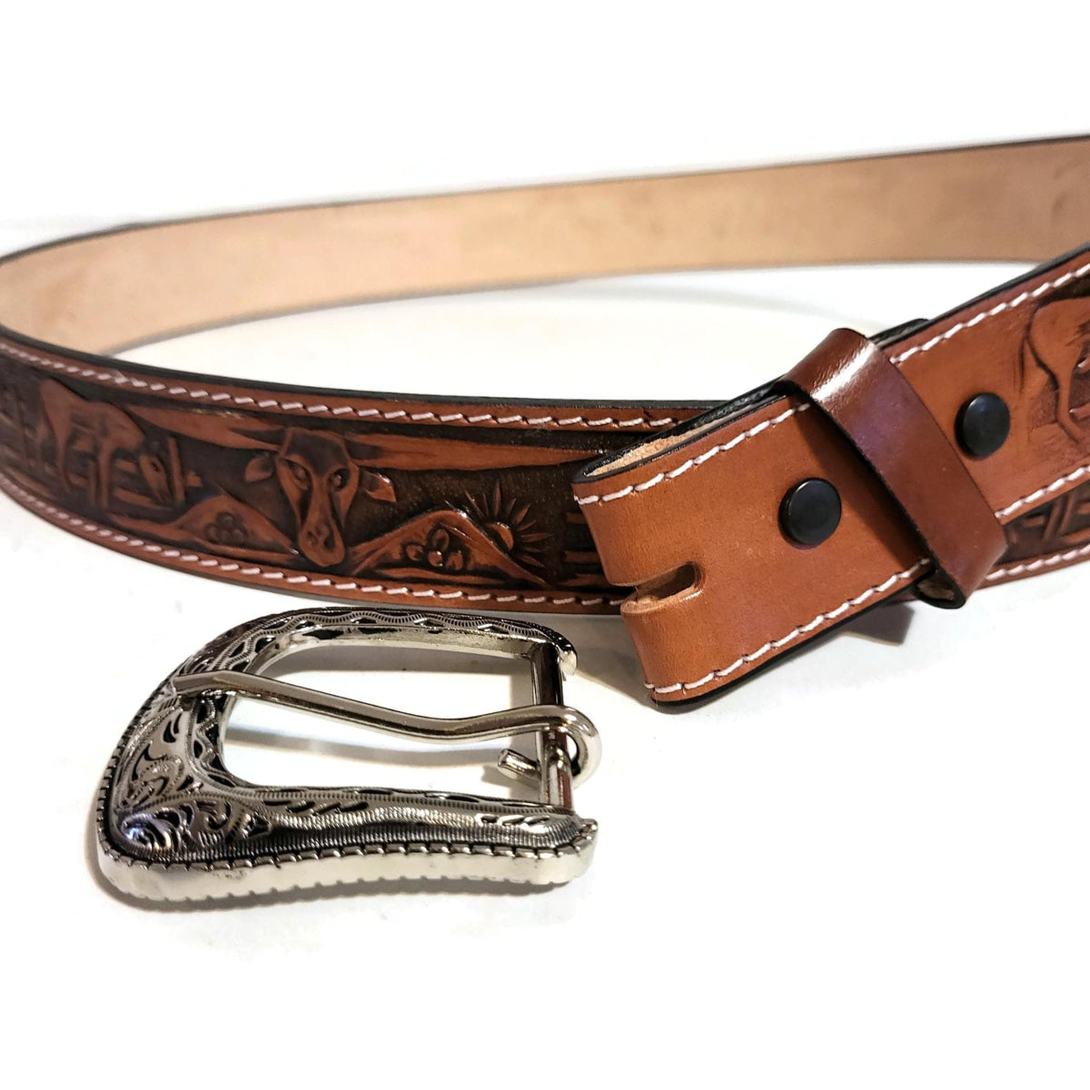 Brown Leather  Belt for  Men, Embossed Bull and Horses, Snap Buckle
