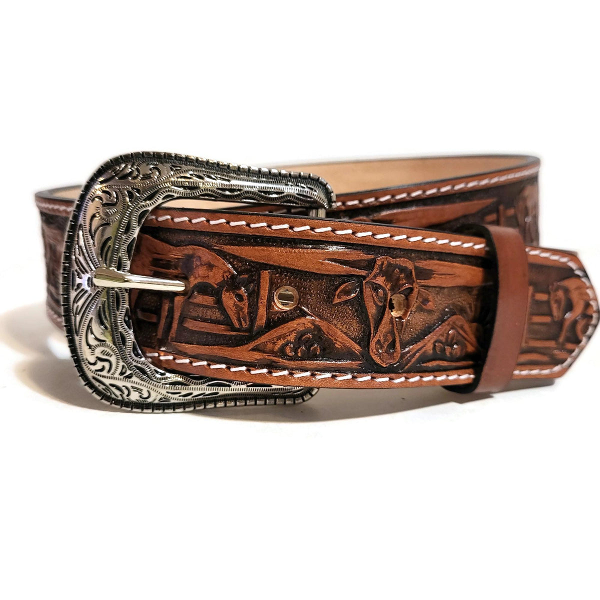 Brown Leather  Belt for  Men, Embossed Bull and Horses, Snap Buckle