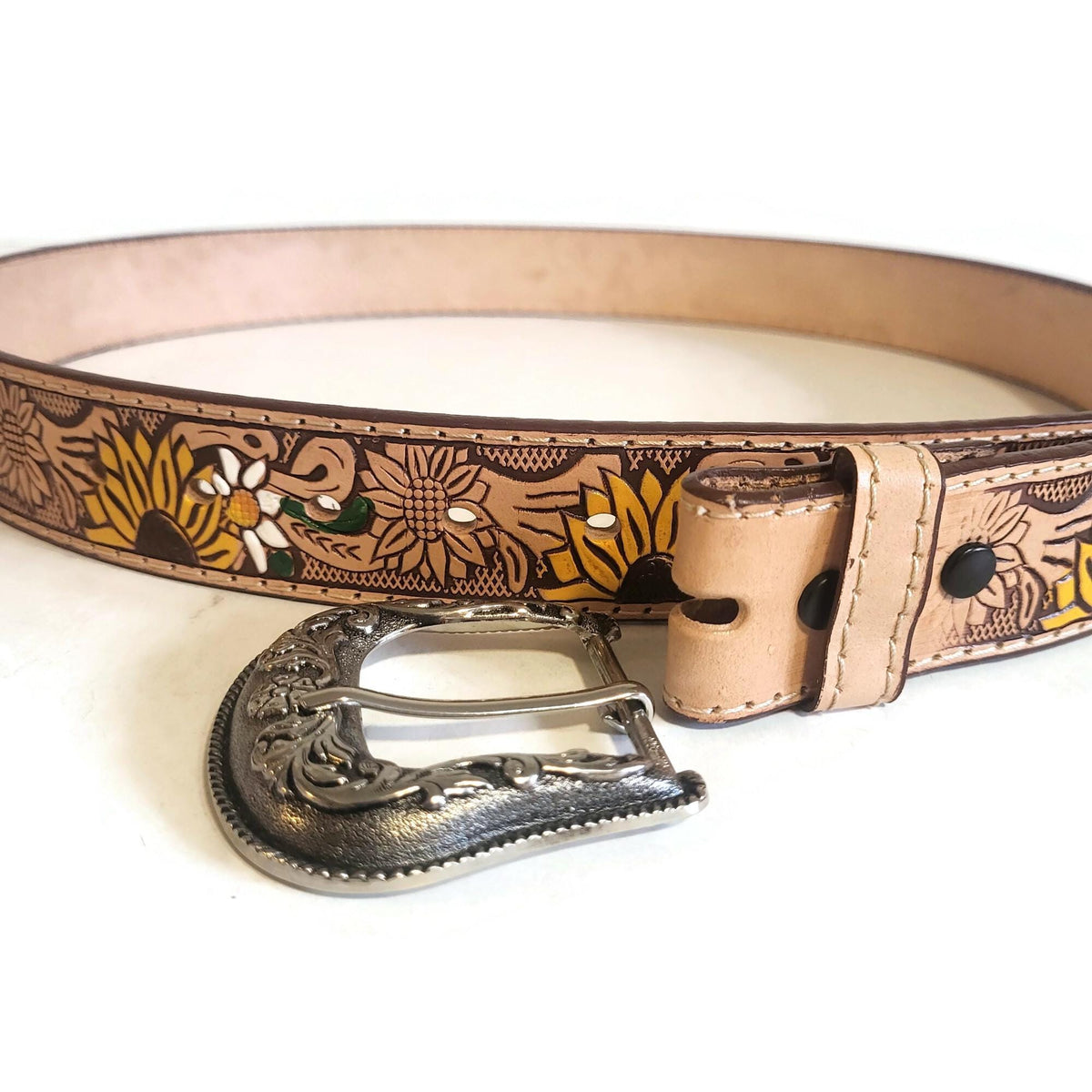 Embossed Sunflower Leather Belt for Women  Boho Bohemian Western Cowgirl Style