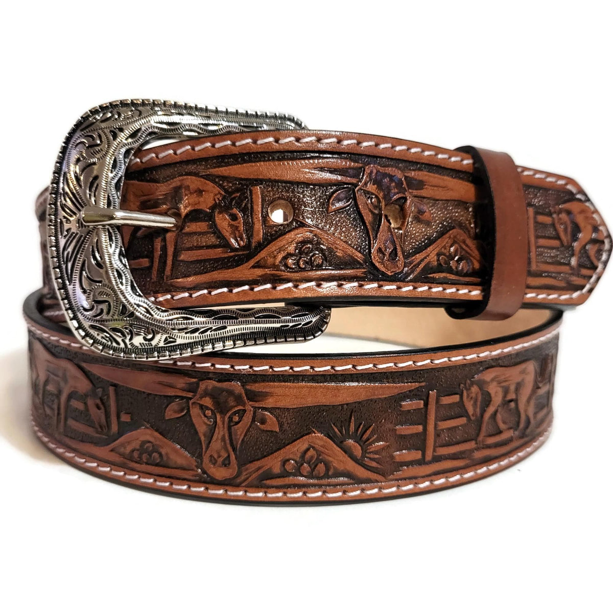 Brown Leather  Belt for  Men, Embossed Bull and Horses, Snap Buckle