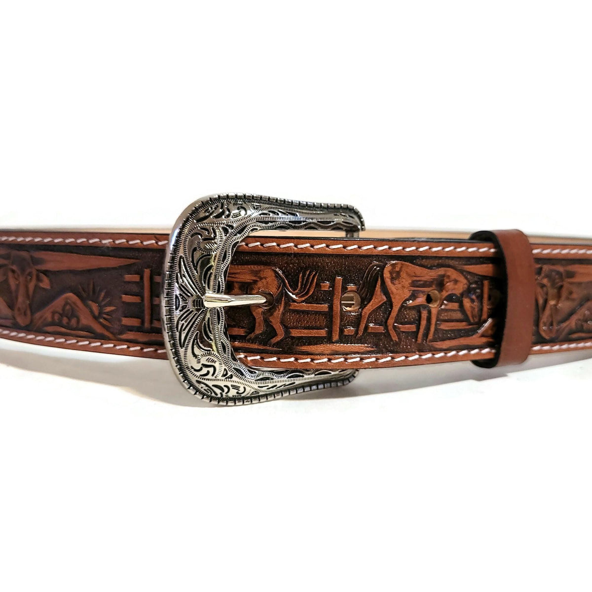 Brown Leather  Belt for  Men, Embossed Bull and Horses, Snap Buckle
